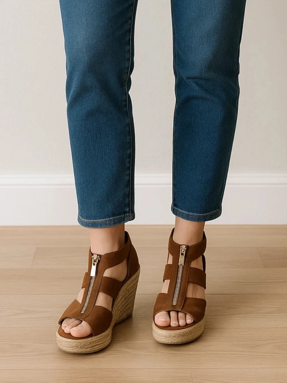 Michael Kors Damita Brown suede espadrille Wedge Sandals with Front Zipper